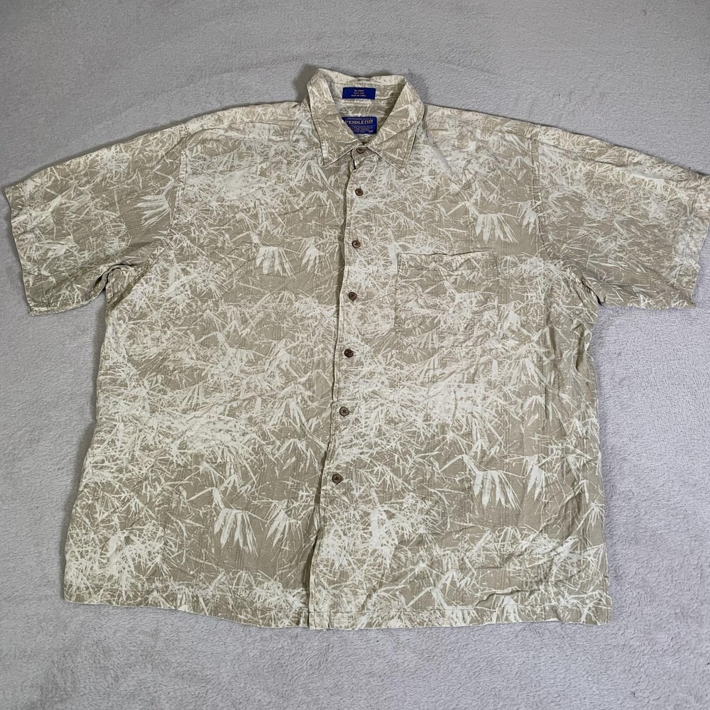 Pendleton Shirt Mens XL Beige 100% Silk Tropical Hawaiian Short Sleeve Button Up